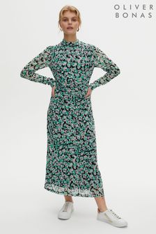 Oliver Bonas Green Textured Animal Print Mesh Midi Dress