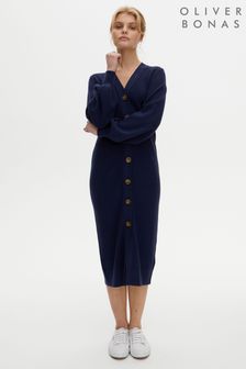 Oliver Bonas Navy Blue Button Through Knitted Midi Dress