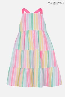 Accessorize Womens Pink Rainbow Stripe Tiered Dress