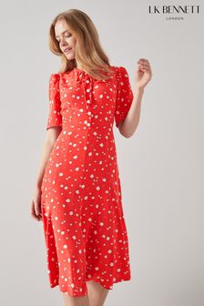 L.K. Bennett Montana Red Naive Flower Print Silk Tea Dress