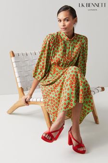 L.K. Bennett Green Tamara Mint and Red Blossom Print Silk Dress