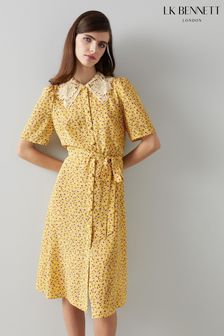 L.K. Bennett Yellow Haskell Yellow Daisy Print Lace Collar Silk Shirt Dress
