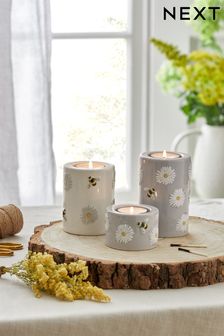Set of 3 Grey And Cream Daisy Bee Ceramic Tea Light Candle Holder (M37039) | £16