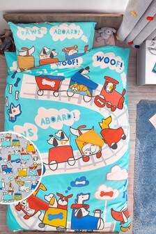 Blue Lift The Flap Dogs On A Train Duvet Cover and Pillowcase Set