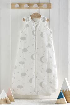 White Kids Grey Moon And Stars 100% Cotton 2.5 Tog Sleep Bag