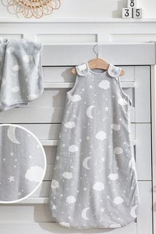 Grey Kids Moon & Stars 100% Cotton 2.5 Tog Sleep Bag