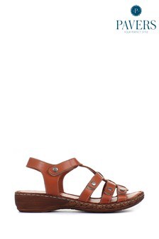 Pavers Tan Brown Leather T-Bar Sandals