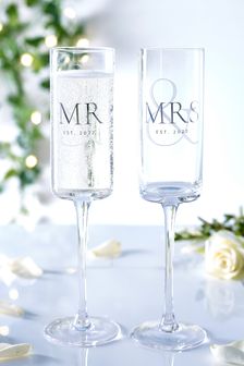 Set of 2 Clear Wedding Established In Flute Glasses