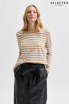 Selected Femme Beige Striped Organic Cotton Long Sleeve My Perfect TShirt