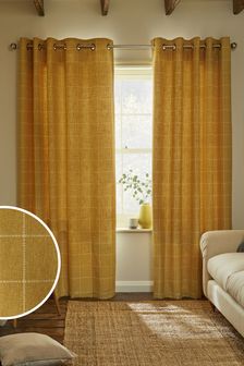 Ochre Yellow Windowpane Check Eyelet Lined Curtains