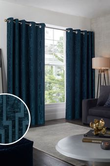 Teal Blue Chenille Geometric Eyelet Curtains
