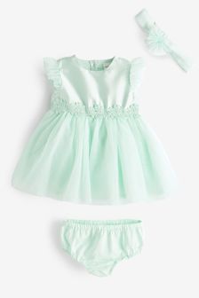 Mint Green Baby Occasion Dress, Knickers and Headband Set (0mths-2yrs) (M46005) | £24 - £26