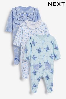 Blue Frill 3 Pack Embroidered Detail Baby Sleepsuits (0-2yrs) (M47340) | £20 - £22