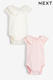 White / Pink 2 Pack Frill Collar Short Sleeved Bodysuits (M49444) | £12 - £14