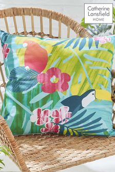 Catherine Lansfield Teal Blue Tropical Birds Outdoor/Indoor Water Resistant Cushion