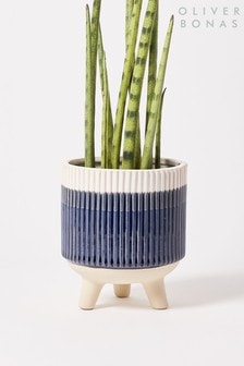 Oliver Bonas Blue Stripe Footed Plant Pot