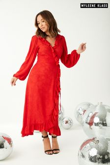 Myleene Klass Red Jacquard Wrap Frill Midi Dress