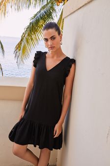 Black Linen Mix Tie Back Mini Summer Dress (M62637) | £25