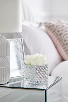 White Artificial Rose Flowers In Silver Glass Pot