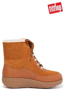FitFlop Mukluk Brown Shearling Lined Leather-Mix Lace-Up Ankle Boots