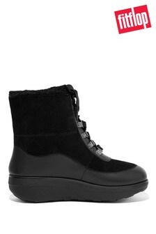 FitFlop Mukluk Black Shearling Lined Leather-Mix Lace-Up Ankle Boots