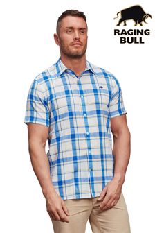 Raging Bull Blue Short Sleeve Linen Cotton Plaid Check Shirt
