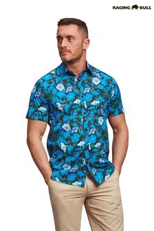 Raging Bull Blue Short Sleeve Hawaiian Print Shirt