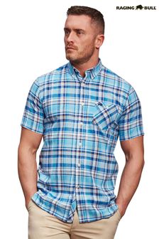 Raging Bull Blue Short Sleeve Linen Mix Madras Shirt