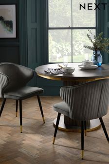 Set of 2 Opulent Velvet Dark Grey Black Legs Piano Carver Dining Chairs