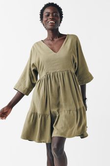 Khaki Green Linen Blend Kaftan Summer Dress (M65021) | £30 - £32