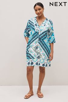 Blue Scarf Print Kaftan Dress With Linen (M65779) | £32