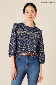 Monsoon Blue Lace Trim Printed Top