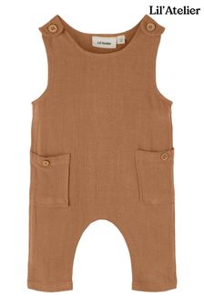 Lil'Atelier Baby Unisex Rust Brown Linen Button Dungarees