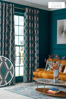Teal Blue Geometric Cut Velvet Collection Luxe Eyelet Lined Curtains