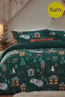 furn. Pine Green Winter Pines Pyjama Fleece Reversible Duvet Cover and Pillowcase Set