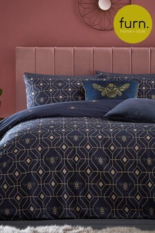 furn. Navy Blue Bee Deco Geometric Reversible Duvet Cover and Pillowcase Set