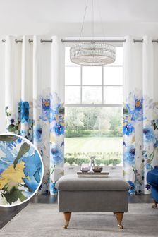 Blue Floral Velvet Eyelet Curtains