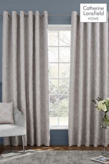 Catherine Lansfield Grey Damask Metallic Pinsonic Foil Printed Lined Eyelet Curtains
