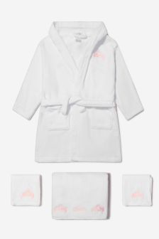 Cotton and Company Baby Girls Organic Cotton Crown Muslin Bathrobe And Towel Set in White