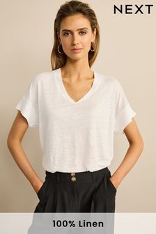 White Premium 100% Linen V-Neck T-Shirt (M78430) | £26