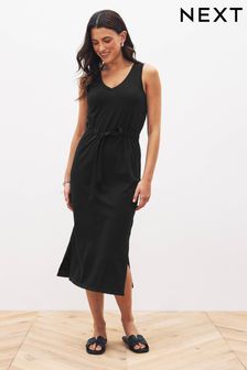 Black Sleeveless Midi V-Neck Slub Dress (M79303) | £26