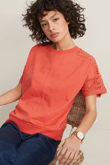 Short Sleeve Crochet Detail Sweatshirt