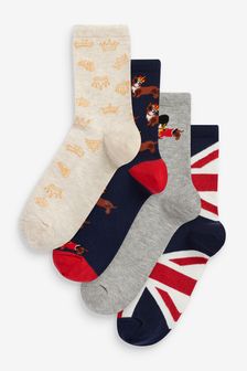 Union Jack and Corgi Print Jubilee  Ankle Socks 4 Pack
