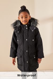 Black Waterproof Faux Fur Trim Parka Coat (3-16yrs) (M82547) | £57 - £67