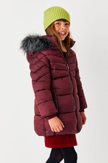 Berry Red Shower Resistant Faux Fur Trim Long Padded Coat (3-16yrs) (M82613) | £36 - £46