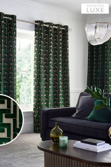 Green Collection Luxe Fretwork Velvet Eyelet Lined Curtains