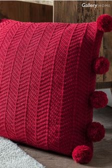 Gallery Direct Red Pom Pom Christmas Herringbone Knit Red Cushion