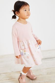 Pink Unicorn Long Sleeve Cotton Pocket Dress (3mths-7yrs) (M87105) | £9 - £11