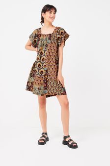 Brown Retro Floral Flutter Sleeve Linen Mini Dress (M87403) | £40