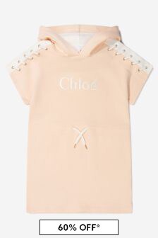 Chloe Kids Girls Organic Cotton Fleece Hooded Logo Dress in Pink